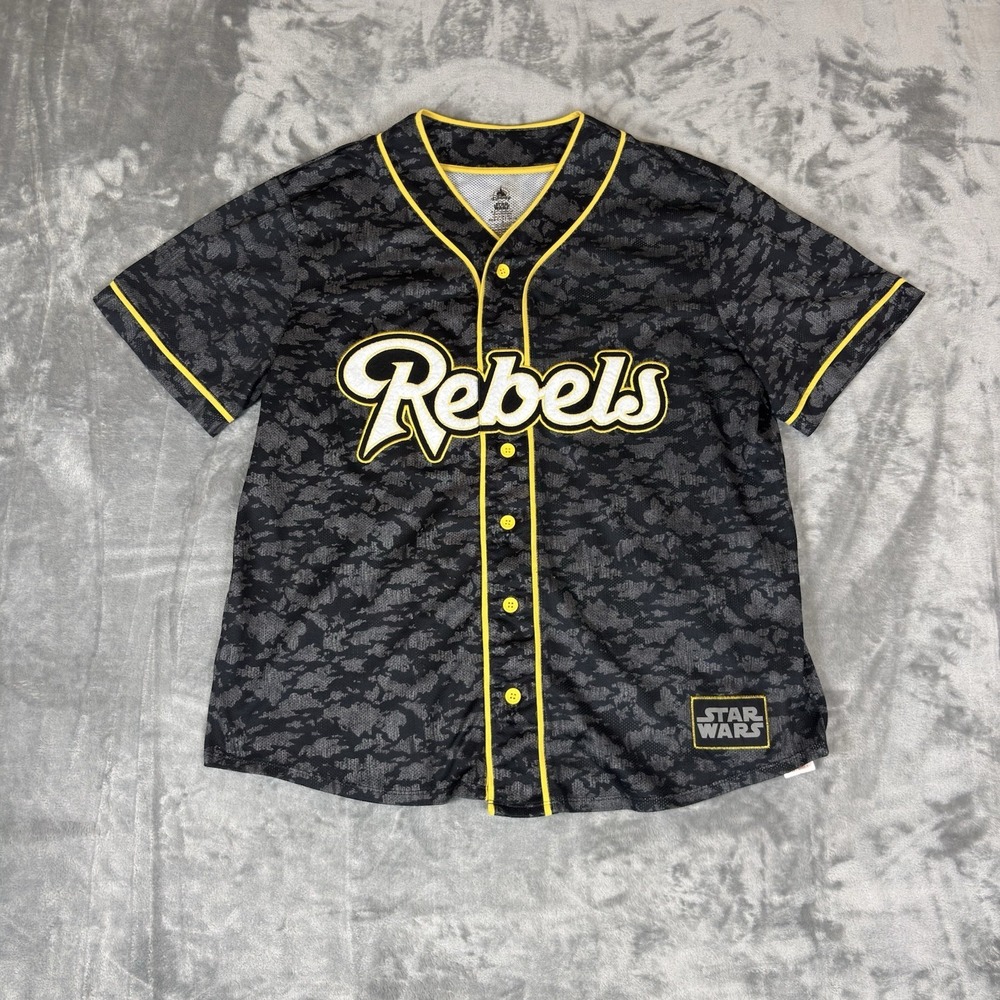 Star Wars Rebels Baseball Jersey Mens Large Skywalker #77 Button Black Camo